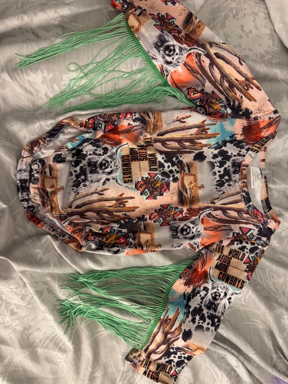 Kids One-Piece Western Fringe Bodysuit in Mint Green and Multi